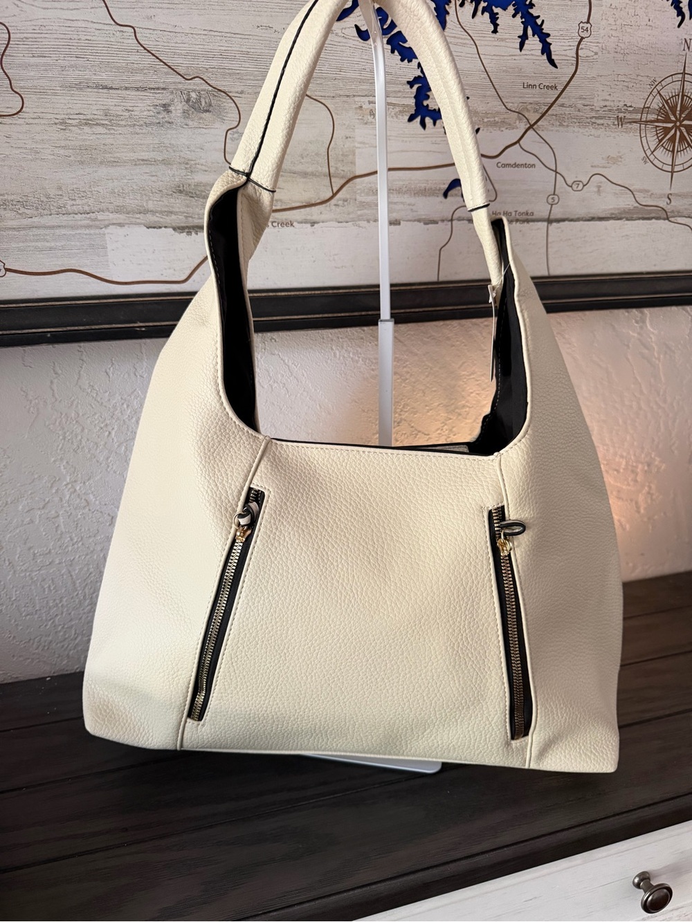 New Cream Women's Shoulder Bag with Front Zip Accents
